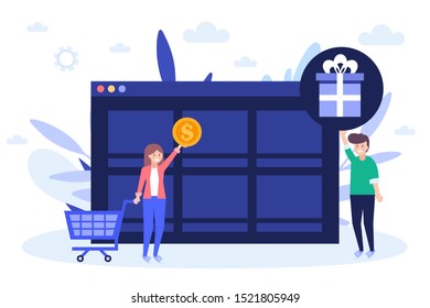 Shopping online, pay by card, special offers and sales.Flat vector illustration isolated on white background. Can use for web banner, infographics, web page.