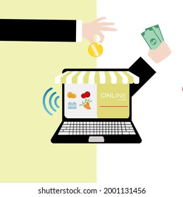 Shopping online and paying money online by laptop and phone.