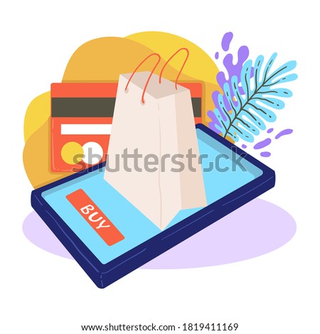 Shopping online and paying for purchases with credit card. Buying items in stores and shops in internet. Bag with bought object, business and commerce for sellers. App for customers, vector in flat