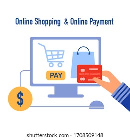 Shopping online and payment online concept vector illustration on white background. Internet payment, protection money transfer, online banking. Customer is paying for product by credit card.
