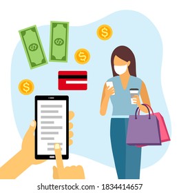 Shopping online and payment online concept vector illustration. Internet payment, protection money transfer, online banking. Hand holding smartphone and paying for product by credit card.