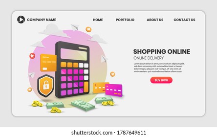 Concepto de seguridad de compras en línea y pago con protección y elementos coloridos. Ilustración vectorial 3d,Imagen héroe para sitio web
