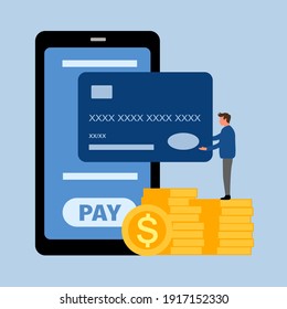 Shopping online and payment online via smartphone. Internet payment, protection money transfer, online banking. Customer is paying for product by credit card using mobile app.