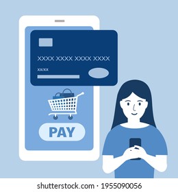 Shopping online and payment online via smartphone. Internet payment, protection money transfer, online banking. Customer is paying for product by credit card using mobile app.