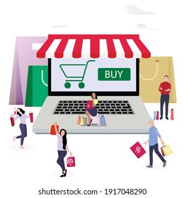 Shopping online, people buy in internet shop use laptop. Vector buying internet, smiling people with bag from market, buy in store and retail electronic illustration