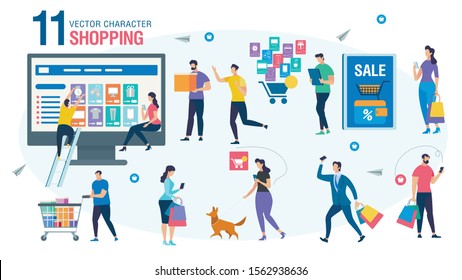 Shopping Online People Trendy Flat Vector Characters Set. Men and Woman Characters Choosing Goods in Internet Shop, Female, Male Buyers Ordering, Purchasing Products on Web Store Sale Illustration