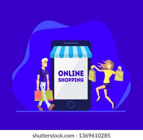 Shopping Online, People Shopping Using Smartphone, Happy Young Man And Woman with Shopping Bags, Internet Shopping and Delivery Vector Illustration