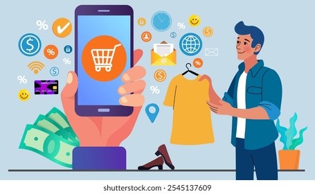 shopping online shopping,  person with phone and smartphone, e-commerce, mobile phone with screen , icon shopping, Live selling things in the selling app, vector ,flat design and illustration.
