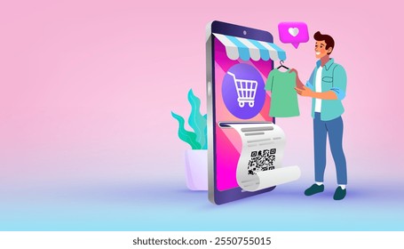 shopping online shopping, person with phone and smartphone, e-commerce, mobile phone with screen , icon shopping, Live selling things in the selling app, vector ,flat design and illustration.

