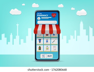 Shopping Online Pharmacy On Website Or Mobile Application. Marketing Concept Vector.