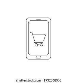 Shopping online. Phone display with shopping cart line icon. Vector