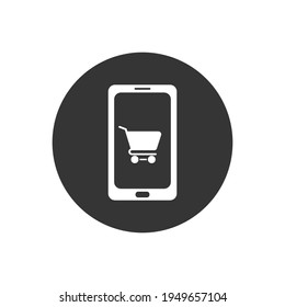 Shopping online. Phone display with shopping cart line white icon. Vector