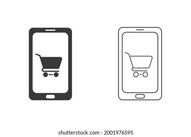 Shopping online. Phone display with shopping cart line icon set. Vector