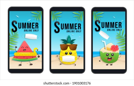 shopping online with phone Mobile Application Marketing Digital marketing. paper art mobile shopping summer day sale. Decorate with fruit characters, wear medical masks. Colorful at the beach.