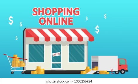 Shopping online poster. wallpaper. free space for text. copy space.
