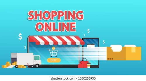 Shopping online poster. wallpaper. free space for text. copy space.