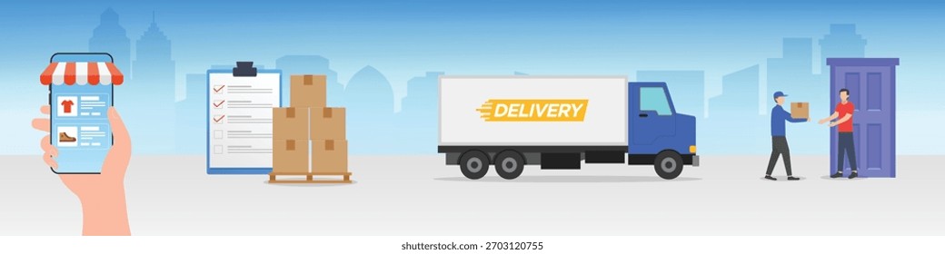 Shopping online process, fast delivery process, shipping process to customer