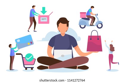 Shopping online process. Solution marketing concept. Digital payment. Flat cartoon miniature character. Vector illustration design on white background.
