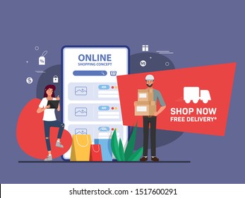 Shopping online promotion code discount and delivery box for the customer. Web landing page template design.