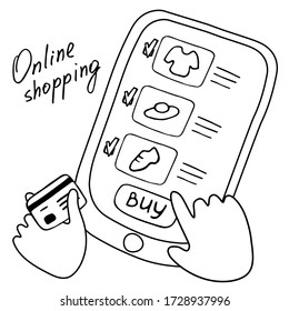 Shopping online. Purchase process. Linear vector illustration