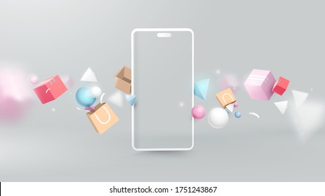 Shopping Online with Realistic Modern Smartphone. Virtual Realistic Geometry, Gifts, Shopping items. Marketing and Digital marketing