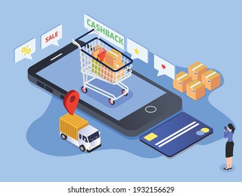 Shopping online sale on mobile phone apps with shopping cart and shipping truck. isometric vector concept