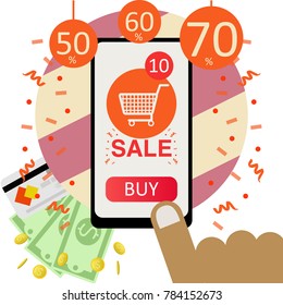 shopping online sale on mobile phone for commercial poster,e-commerce vector illustration