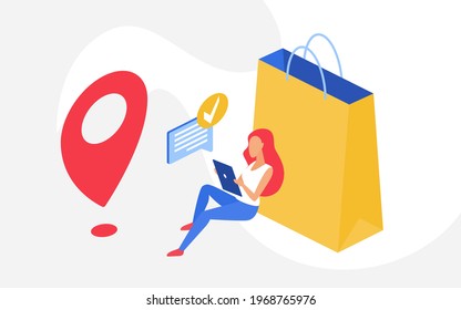 Shopping online, sales concept isometric vector illustration. Cartoon woman shopper character sitting with tablet or phone next to big shopping bag and buying via social metwork, using mobile gadget