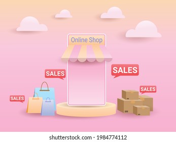 Shopping Online Sales on Mobile Phone Marketing eCommerce Smartphone Website Application Concept using for Digital communication Fast Delivery shopping bag package boxes Smartphones open shop store ad