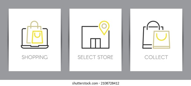 Shopping online, select a store and collect order. Web page template. Metaphors with icons such as buy with a laptop, choose a store and pick up.