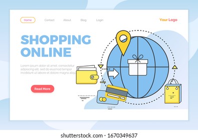 Shopping online, selling and buying products around world. Worldwide ecommerce and trade. Global sale for shoppers. Outline icons of wallet and money. Website or webpage template, landing page vector