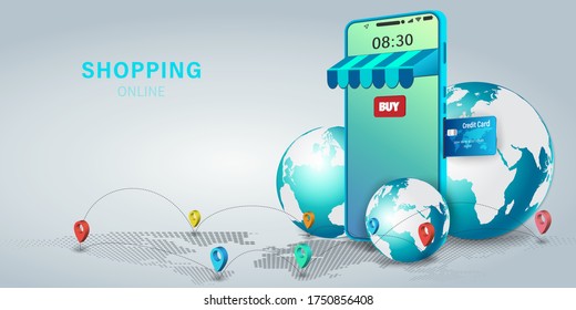 Shopping Online service concept, mobile online order tracking,Delivery home and office. City logistics. Warehouse, truck, forklift, courier. vector illustration.