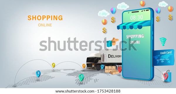 Shopping Online service concept,\
mobile online order tracking,Delivery home and office. City\
logistics. Warehouse, truck, forklift, courier. vector\
illustration.