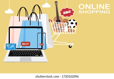 Shopping Online or online shop on Website Smartphone Laptop E-commerce concept and Digital marketing. vector Illustration.