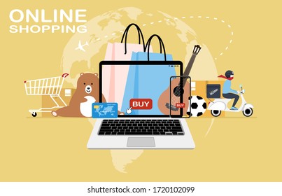Shopping Online or online shop on Website Smartphone Laptop E-commerce concept and Digital marketing. Global map Background. vector Illustration.