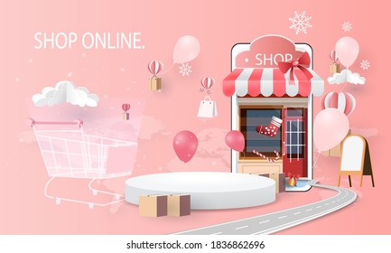 shopping online shop paper art with podium  pink backgroud 