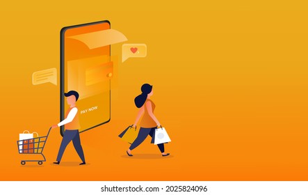 Shopping online from smart phone.the man and the lady holding shopping bags and pulling cart.paying by credit card and massage order.sales and mobile phone.