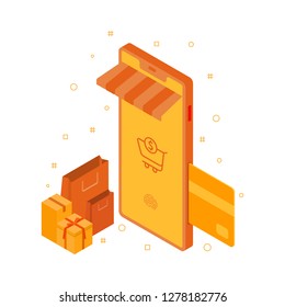 Shopping online in smartphone application. Vector design isometric