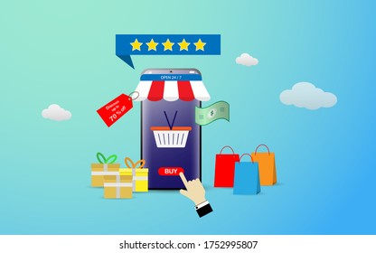Shopping online with smartphone concept illustration. People using smartphone for online shop Vector illustration in flat style. can use for landing page, website, online shop aplication, mobile web 
