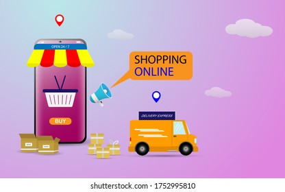 Shopping online with smartphone concept illustration. People using smartphone for online shop Vector illustration in flat style. can use for landing page, website, online shop aplication, mobile web 
