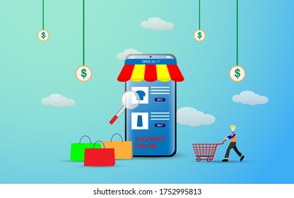 Shopping online with smartphone concept illustration. People using smartphone for online shop Vector illustration in flat style. can use for landing page, website, online shop aplication, mobile web 

