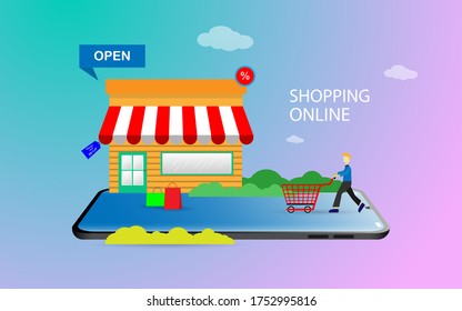 Shopping online with smartphone concept illustration. People using smartphone for online shop Vector illustration in flat style. can use for landing page, website, online shop aplication, mobile web 
