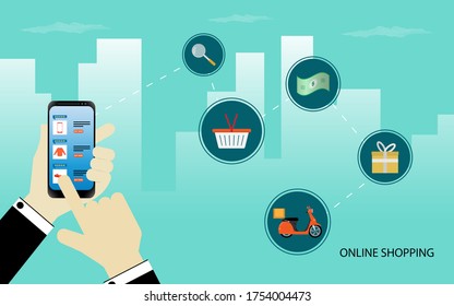 Shopping online with smartphone concept illustration. People using smartphone for online shop Vector illustration in flat style. can use for landing page, website, online shop aplication, mobile web 
