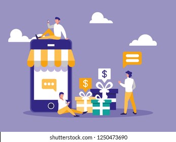 shopping online with smartphone and mini people