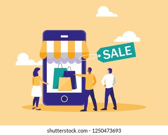 shopping online with smartphone and mini people