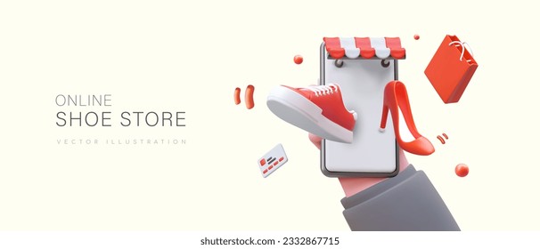 Shopping online with smartphone. Modern phone application for remote selection and payment. Banner with 3D color illustration. Floating shoes, sneakers, credit card, paper bag