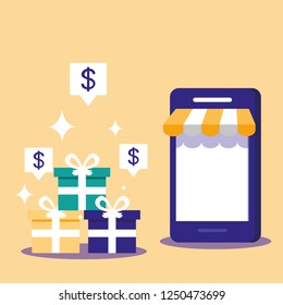 shopping online with smartphone and set icons