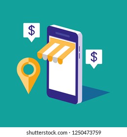 shopping online with smartphone and set icons