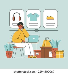 Shopping online. Smiling cartoon african man talking on phone and choosing clothes online on laptop sitting at desk. Vector flat illustration on blue background