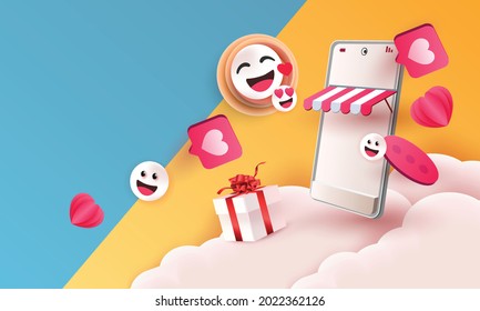 shopping online and Social media emoji followers internet media banner, network message icons. Vector illustation background on phone 